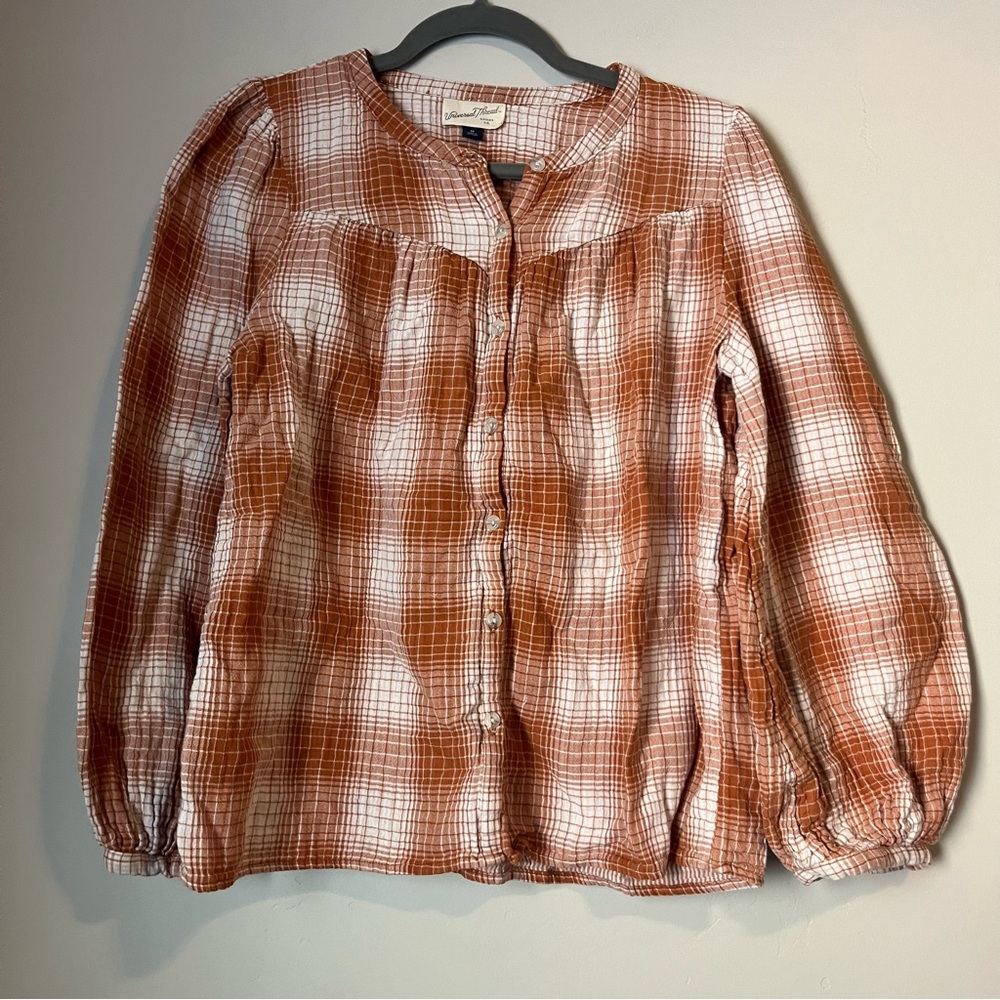 Universal threads Plaid Orange / White Top peasant puff sleeve blouse western - Picture 2 of 5